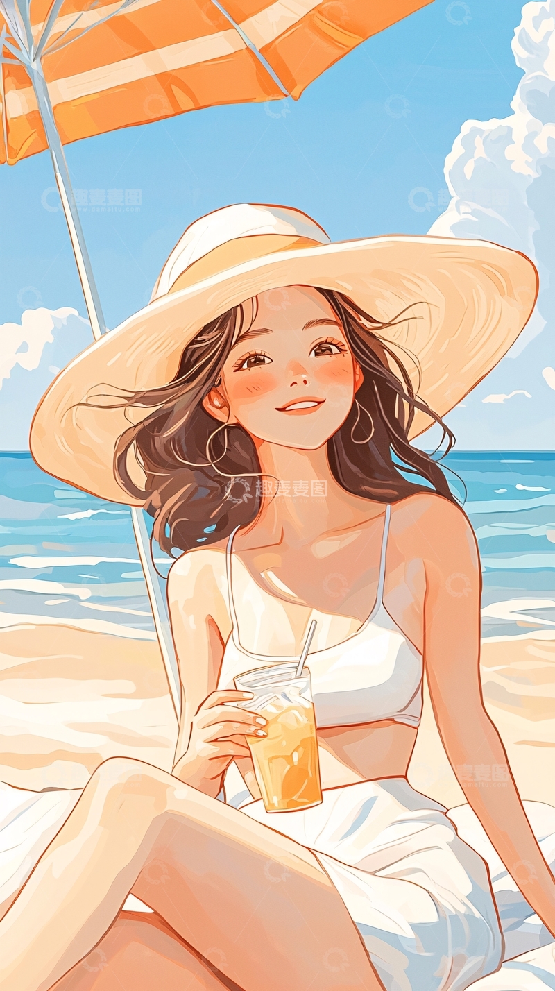 高清大图下载【趣麦麦图】海滩度假女孩喝饮料