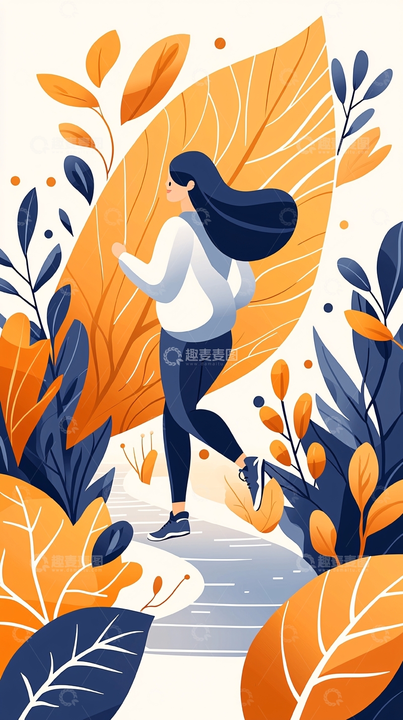高清大图下载【趣麦麦图】秋日跑步女孩插画