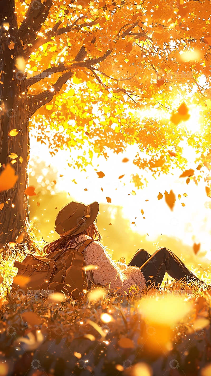 高清大图下载【趣麦麦图】秋日树下静坐的女孩