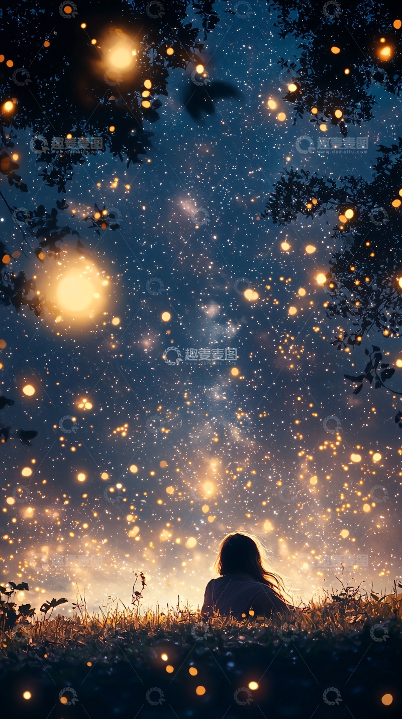 高清大图下载【趣麦麦图】夜晚星空下的女孩