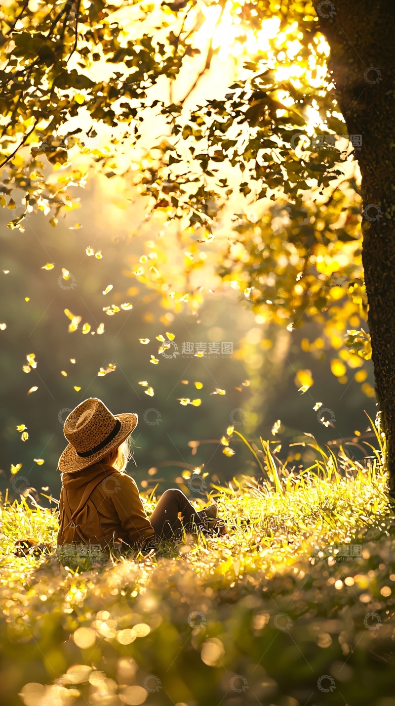 高清大图下载【趣麦麦图】秋日树下落叶飘零