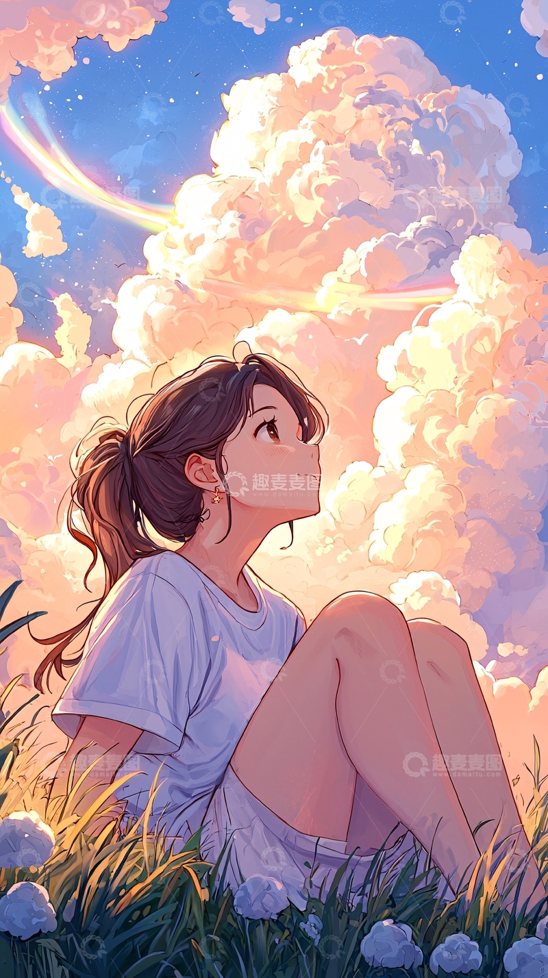 高清大图下载【趣麦麦图】少女仰望天空的梦幻场景