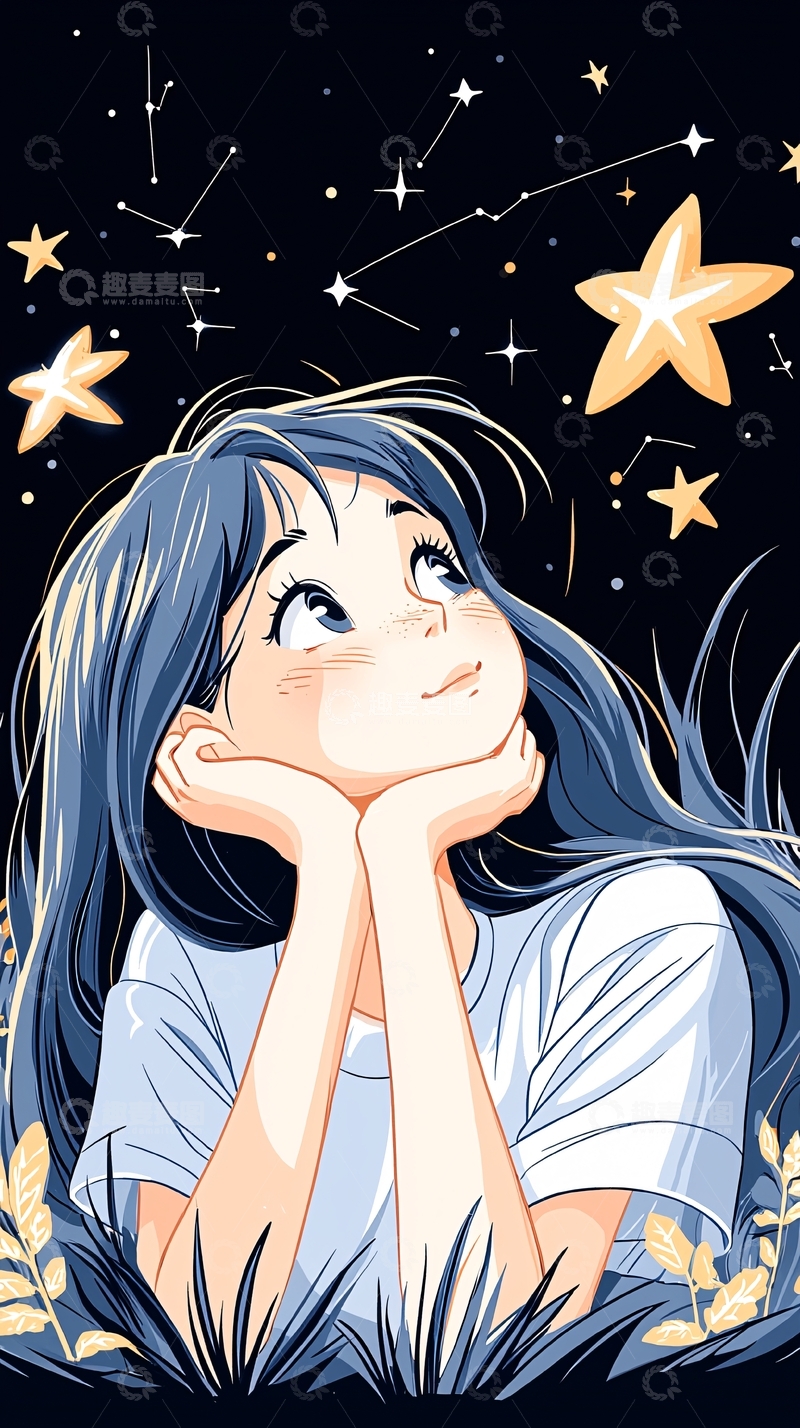 高清大图下载【趣麦麦图】仰望星空的女孩插画