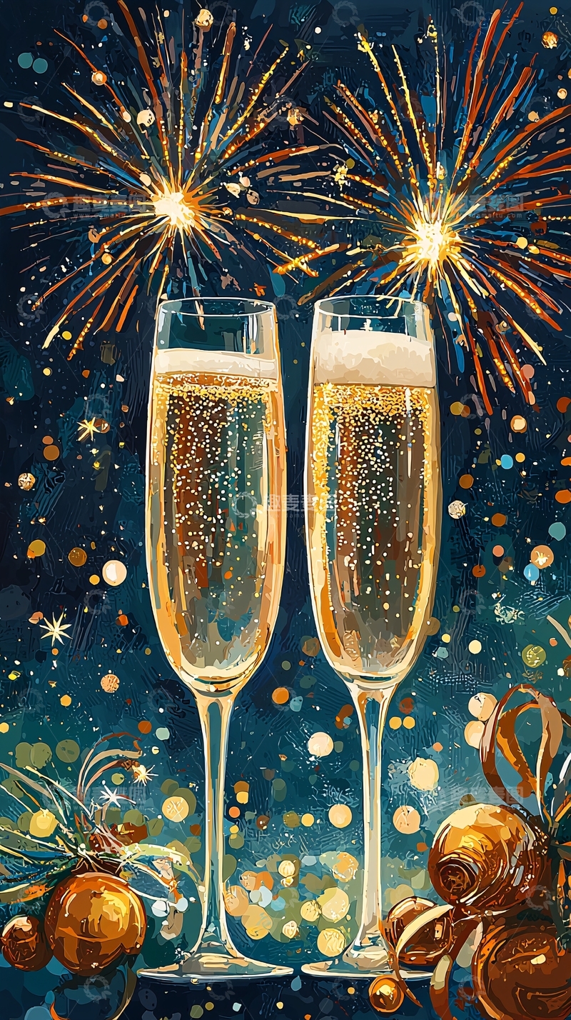高清大图下载【趣麦麦图】烟花下的香槟庆祝场景
