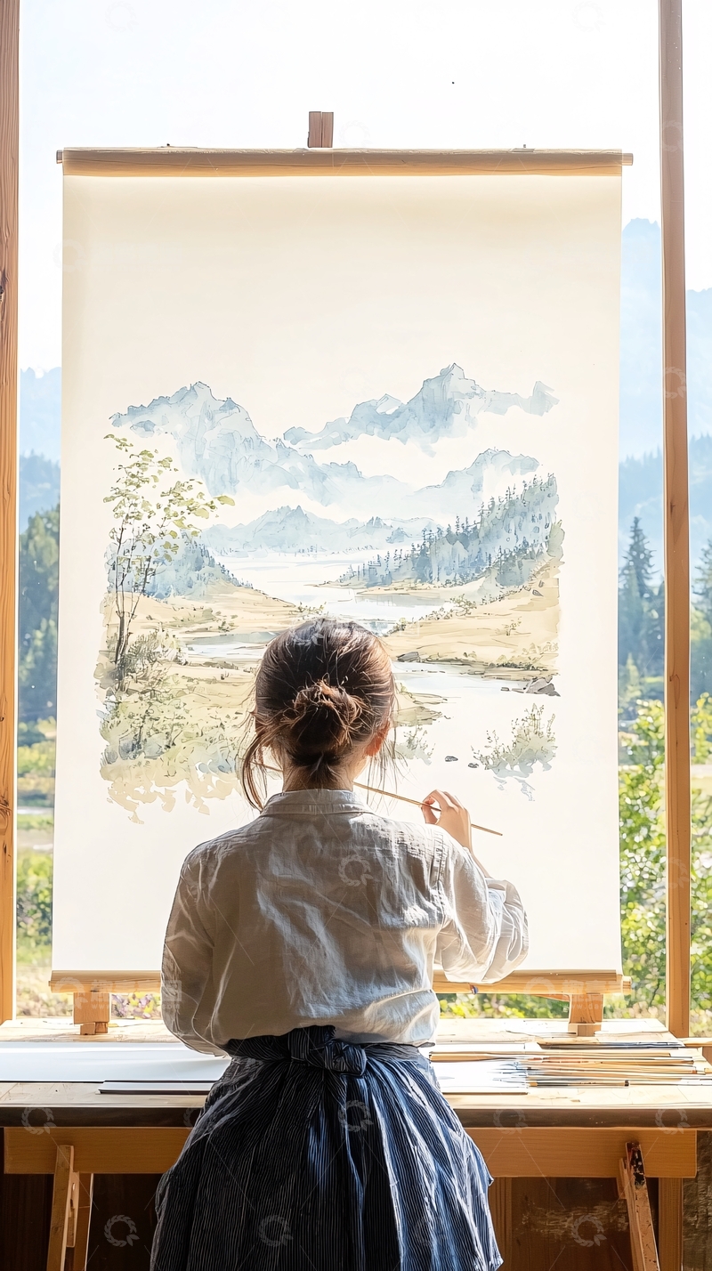 高清大图下载【趣麦麦图】窗外风景写生女孩