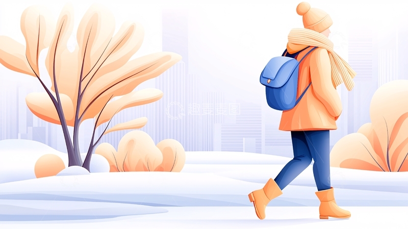 高清大图下载【趣麦麦图】冬日雪地背书包行走的卡通人物