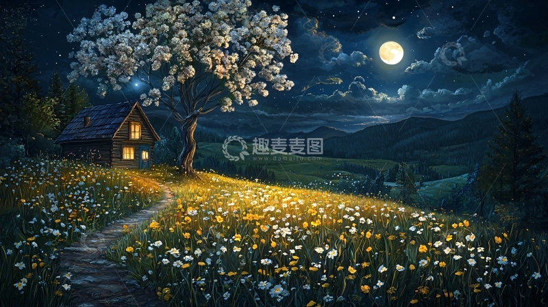 高清大图下载【趣麦麦图】月光下的小屋与花海