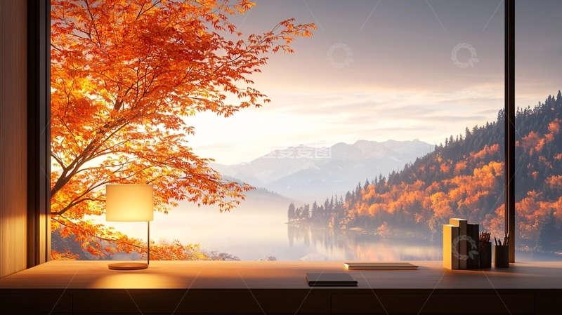高清大图下载【趣麦麦图】秋日湖畔书房风景