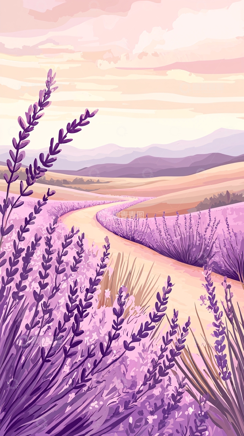 高清大图下载【趣麦麦图】薰衣草田野风景插画