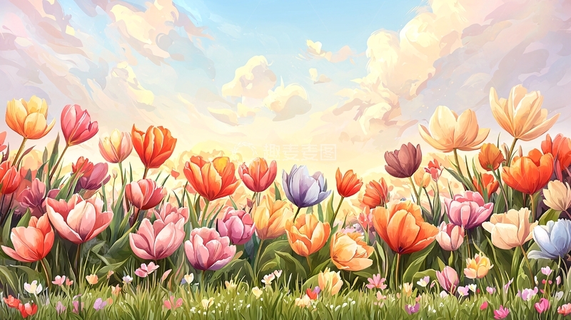 高清大图下载【趣麦麦图】春天盛开的郁金香花田