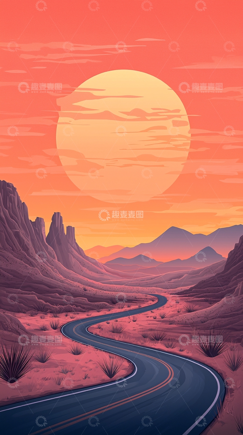 高清大图下载【趣麦麦图】沙漠公路日落风景图