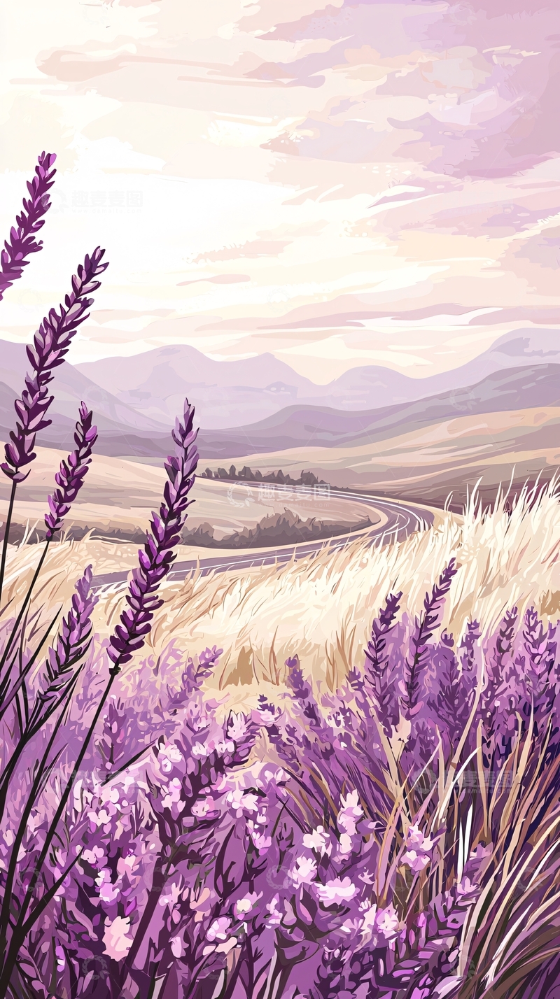 高清大图下载【趣麦麦图】薰衣草田野与山脉风景