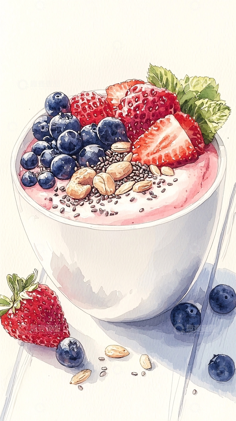 高清大图下载【趣麦麦图】草莓蓝莓坚果酸奶碗插画