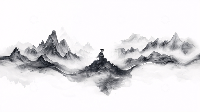 高清大图下载【趣麦麦图】水墨山水行者图