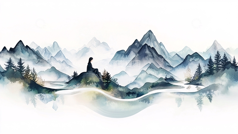 高清大图下载【趣麦麦图】山水间静坐的旅人