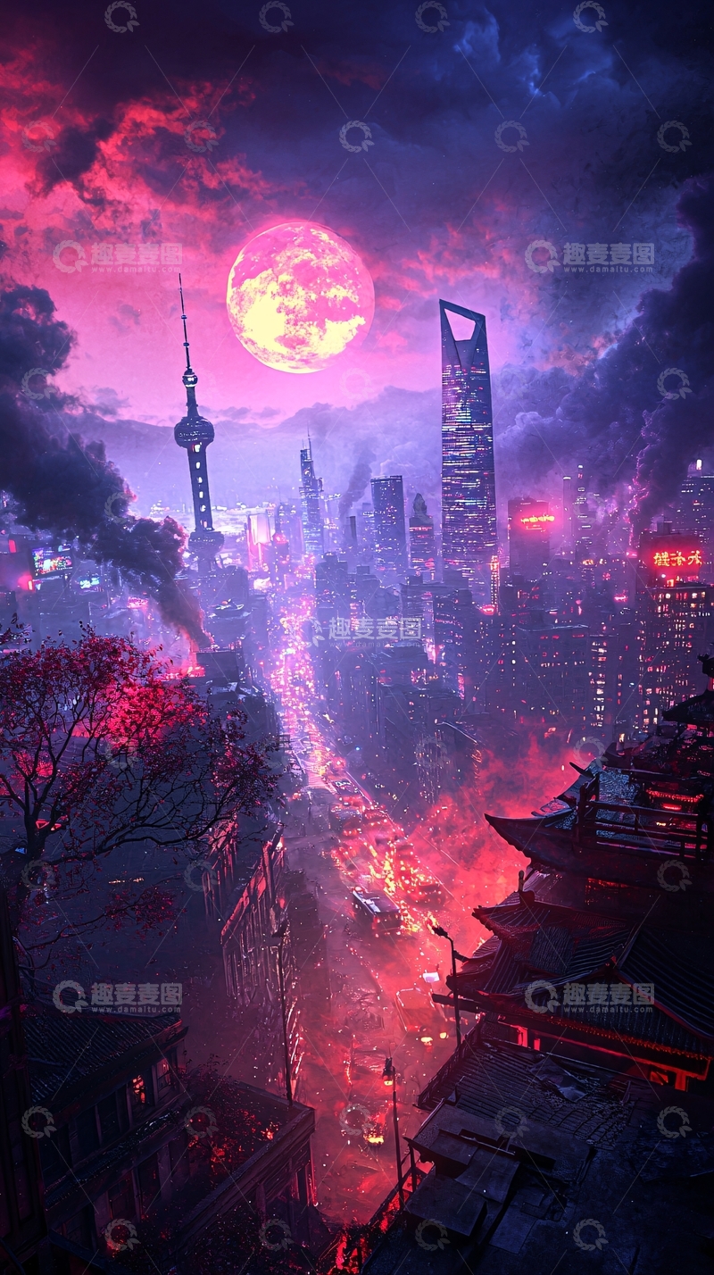 高清大图下载【趣麦麦图】霓虹夜景城市全景