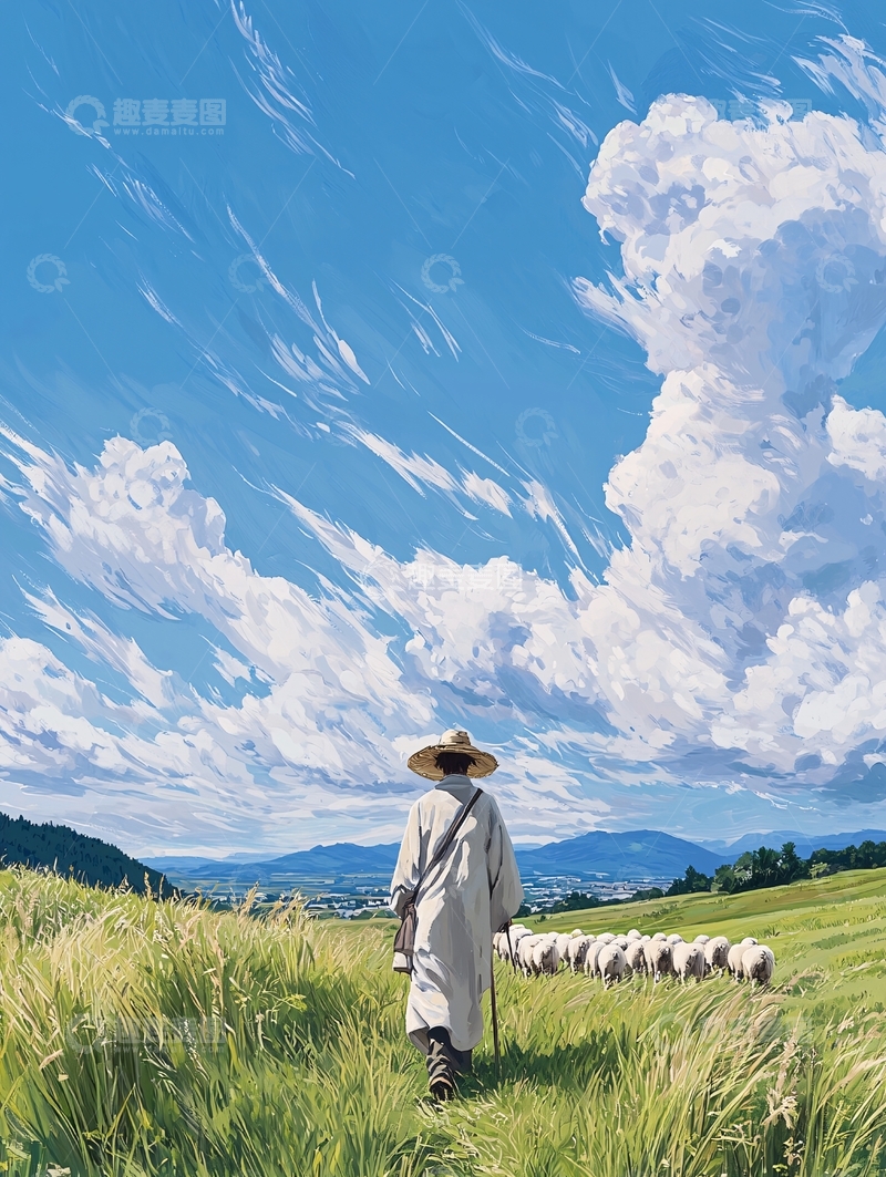 高清大图下载【趣麦麦图】牧羊人与羊群的田野风景