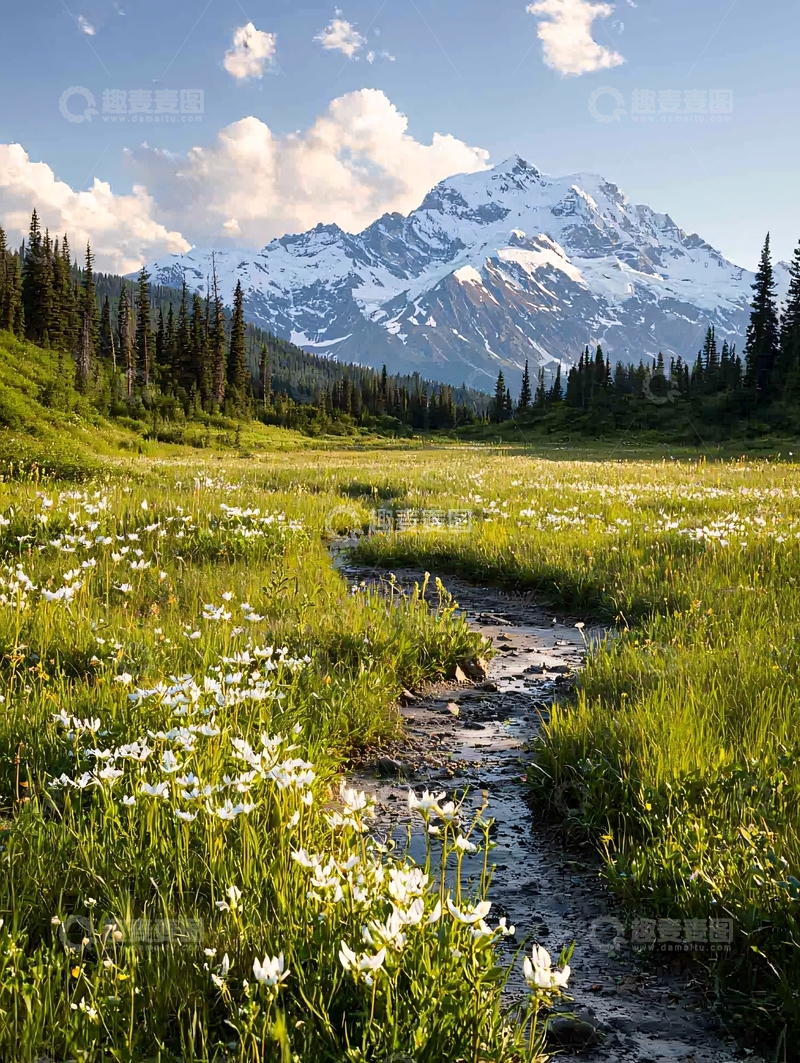 高清大图下载【趣麦麦图】雪山下的小溪与野花