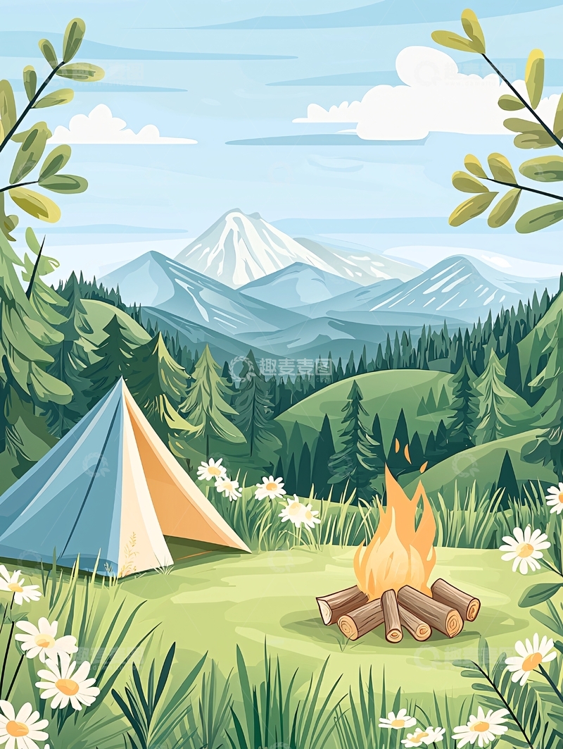 高清大图下载【趣麦麦图】山间露营帐篷与篝火