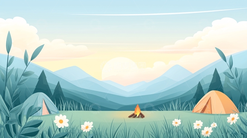 高清大图下载【趣麦麦图】山野露营帐篷篝火风景