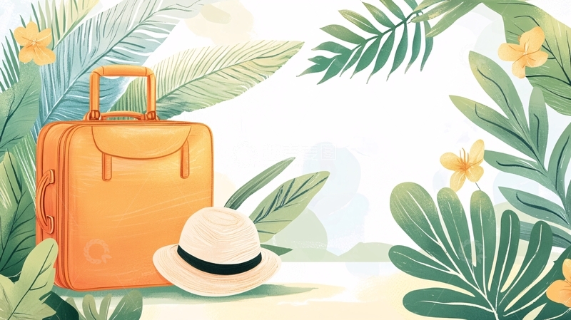 高清大图下载【趣麦麦图】夏日旅行箱与草帽插画