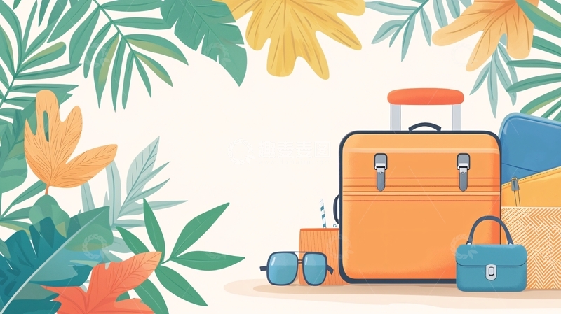 高清大图下载【趣麦麦图】夏日旅行行李箱与配饰插画