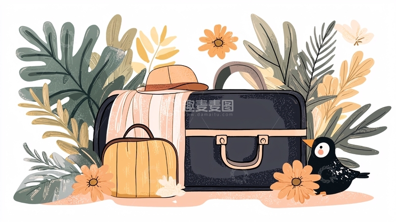 高清大图下载【趣麦麦图】旅行箱与帽子插画素材