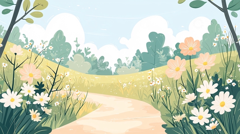 高清大图下载【趣麦麦图】春天田野小路风景插画