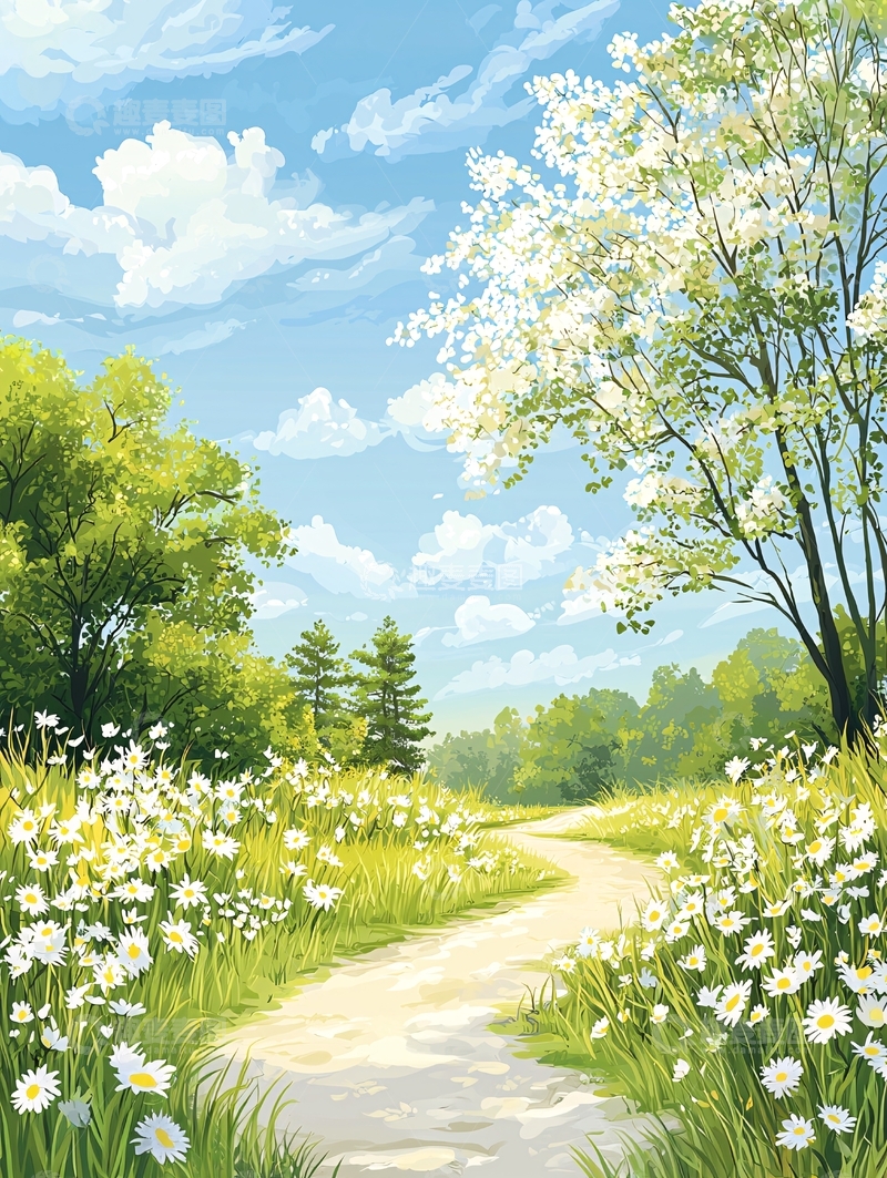 高清大图下载【趣麦麦图】春天小路风景插画