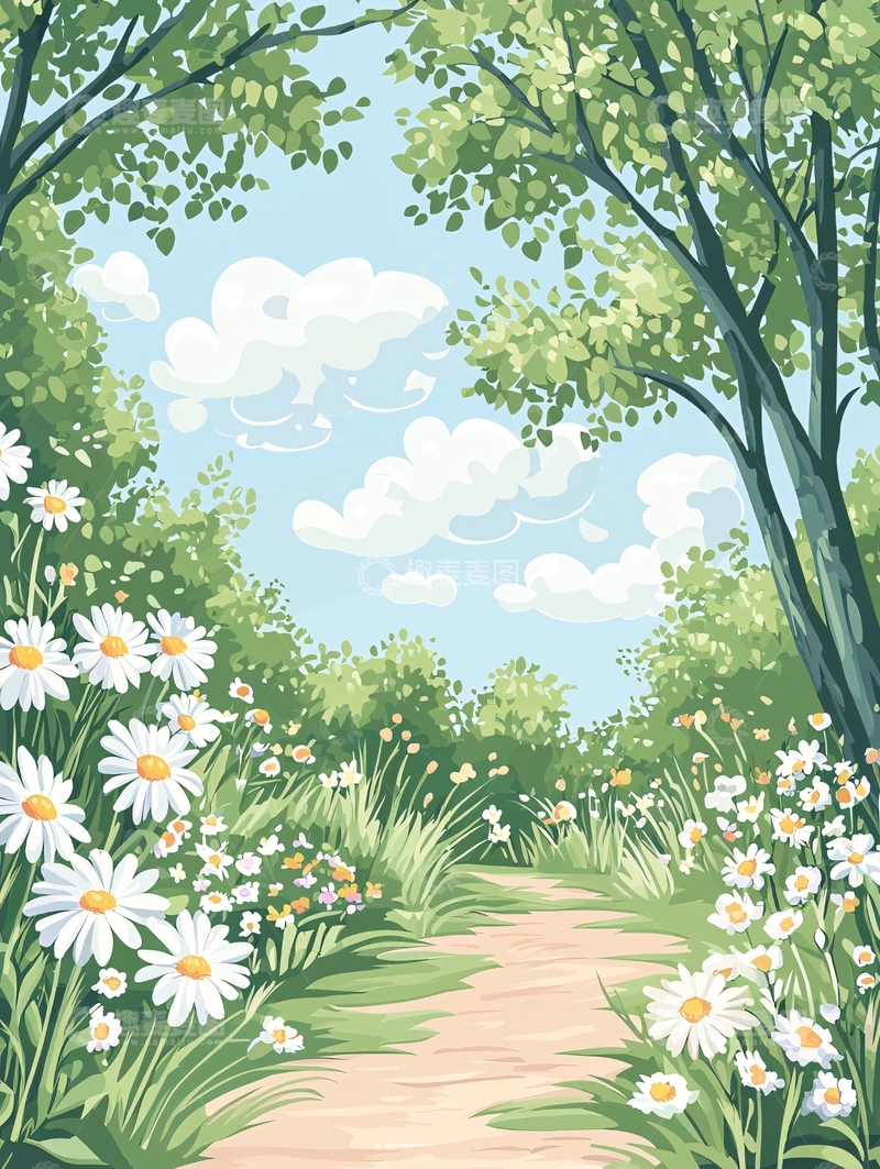 高清大图下载【趣麦麦图】春天小径上的雏菊