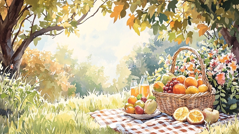 高清大图下载【趣麦麦图】秋日野餐篮水果插画
