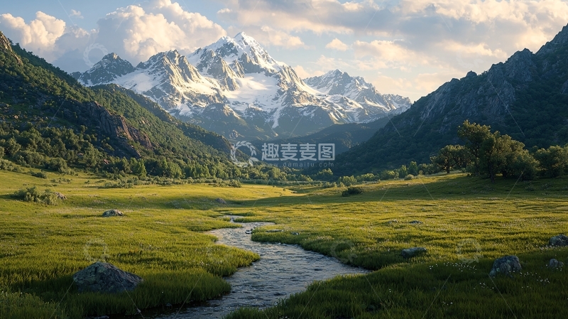 高清大图下载【趣麦麦图】雪山下的绿色山谷