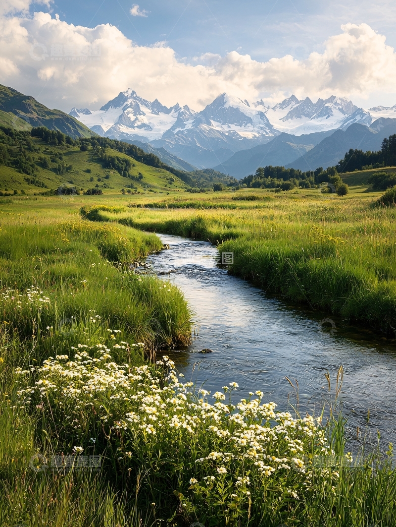 高清大图下载【趣麦麦图】雪山下的溪流与野花