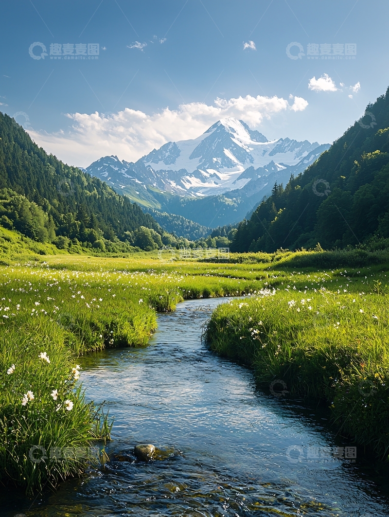 高清大图下载【趣麦麦图】雪山下的溪流与草地