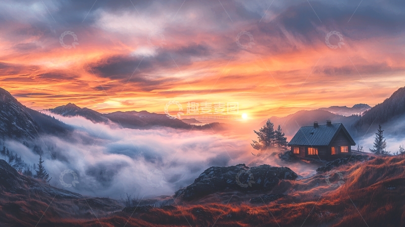 高清大图下载【趣麦麦图】晨雾中的山间小屋