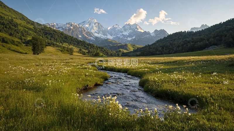 高清大图下载【趣麦麦图】雪山下的溪流与草地