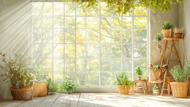 高清大图下载【趣麦麦图】阳光透过大窗洒进室内植物园景