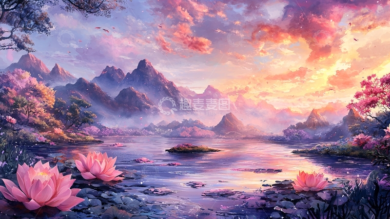 高清大图下载【趣麦麦图】梦幻山水莲花湖景