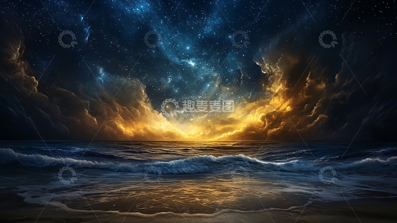 高清大图下载【趣麦麦图】夜海星空沙滩波浪
