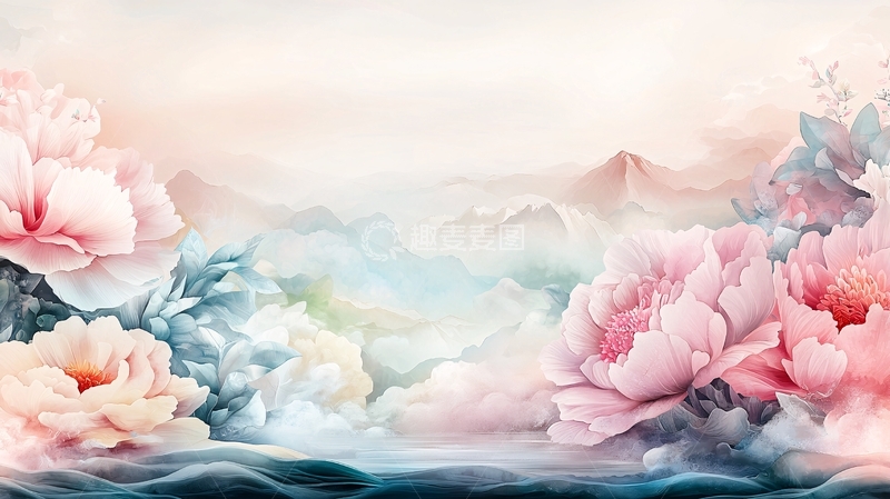 高清大图下载【趣麦麦图】梦幻山水牡丹花风景图