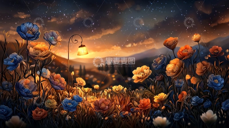 高清大图下载【趣麦麦图】夜色下的花海与路灯