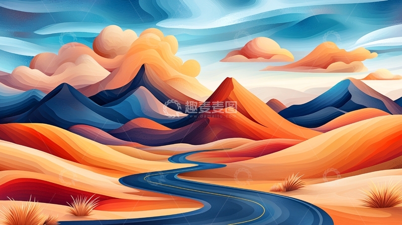 高清大图下载【趣麦麦图】沙漠公路与山脉风景