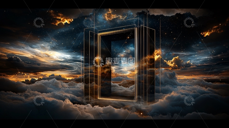 高清大图下载【趣麦麦图】梦幻天空中的透明门