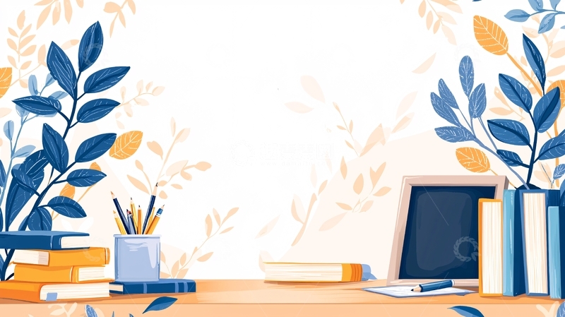 高清大图下载【趣麦麦图】清新书桌与植物插画背景