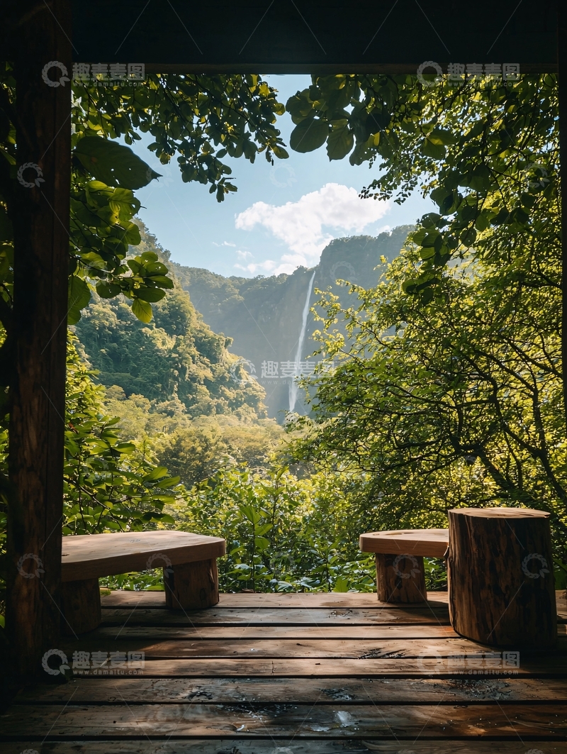 高清大图下载【趣麦麦图】森林中的瀑布观景台