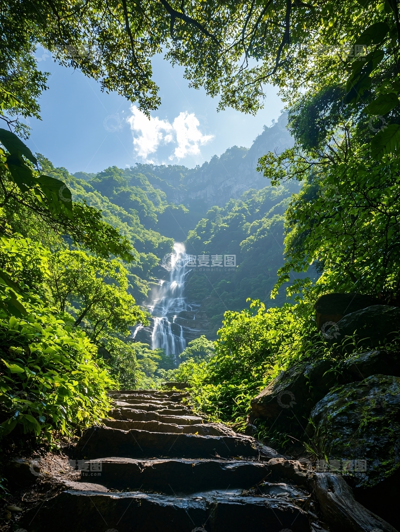 高清大图下载【趣麦麦图】山间瀑布石阶自然风光