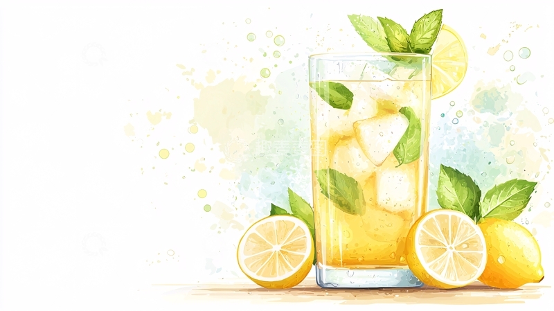 高清大图下载【趣麦麦图】柠檬薄荷冰茶插画