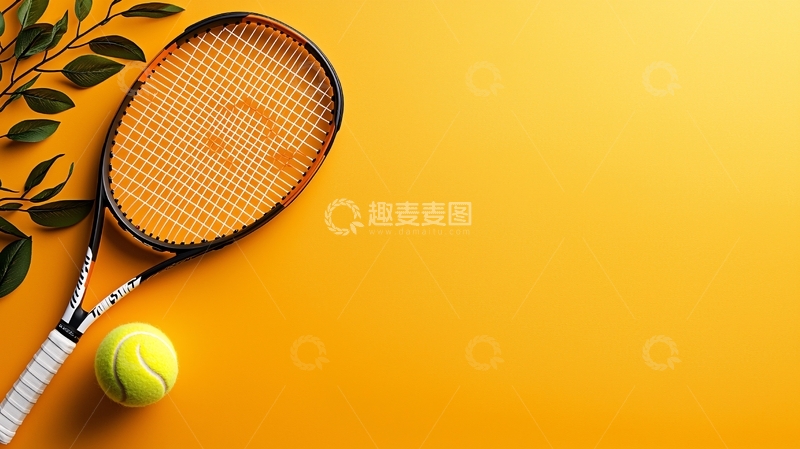 高清大图下载【趣麦麦图】网球拍与网球的黄色背景图