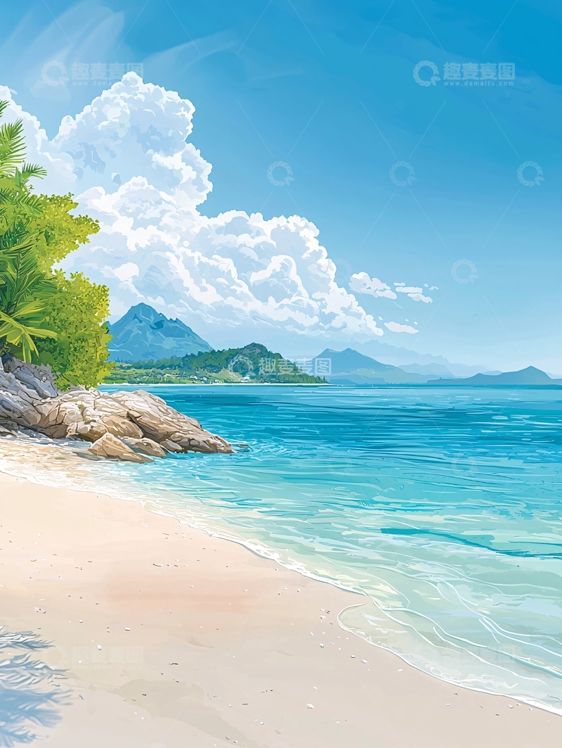 高清大图下载【趣麦麦图】热带海滩风景插画