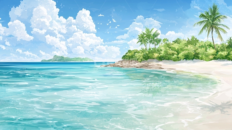 高清大图下载【趣麦麦图】热带海滩风景插画